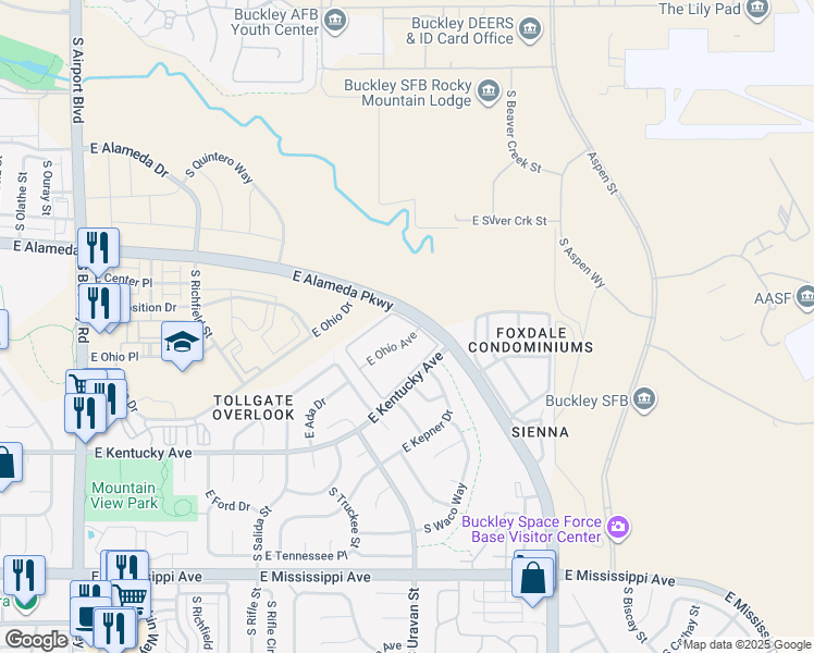 map of restaurants, bars, coffee shops, grocery stores, and more near 18106 East Ohio Avenue in Aurora