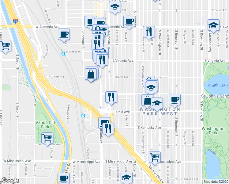 map of restaurants, bars, coffee shops, grocery stores, and more near 712 South Sherman Street in Denver