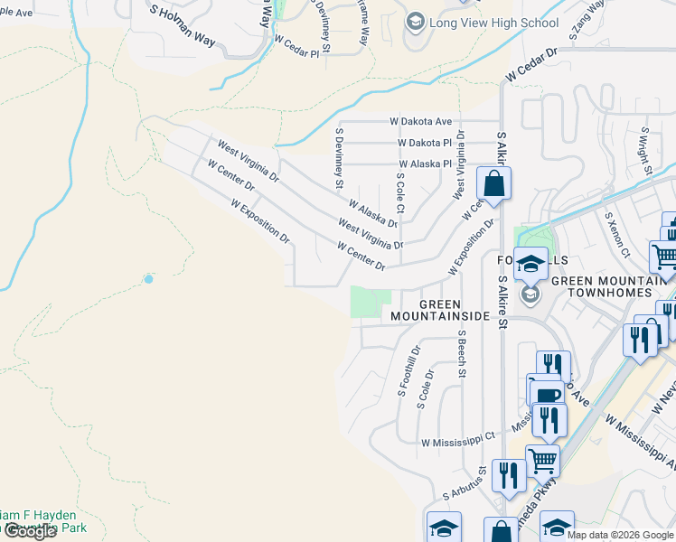 map of restaurants, bars, coffee shops, grocery stores, and more near 13970 West Exposition Place in Lakewood