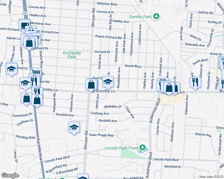 map of restaurants, bars, coffee shops, grocery stores, and more near 609 East Dorothy Lane in Dayton
