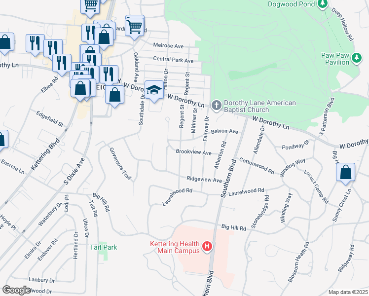 map of restaurants, bars, coffee shops, grocery stores, and more near 3210 Regent Street in Dayton