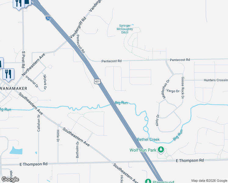 map of restaurants, bars, coffee shops, grocery stores, and more near 9739 Violet Circle in Indianapolis
