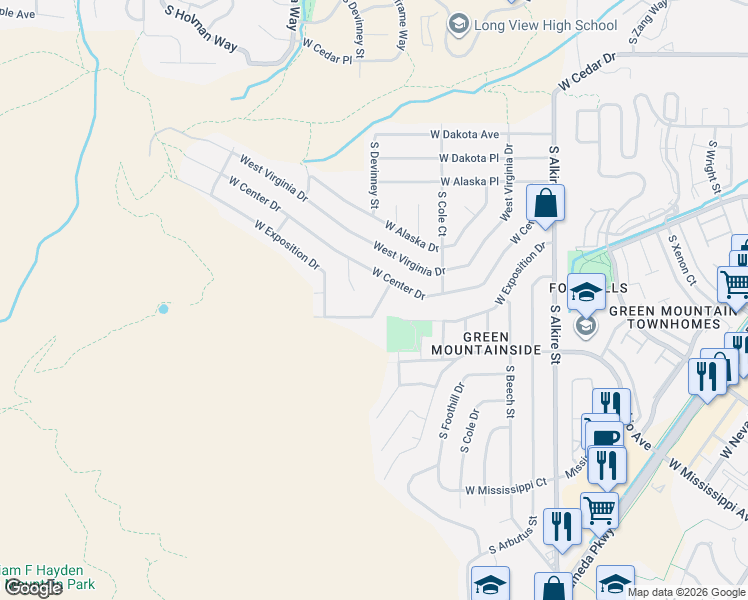 map of restaurants, bars, coffee shops, grocery stores, and more near 13970 West Exposition Place in Lakewood