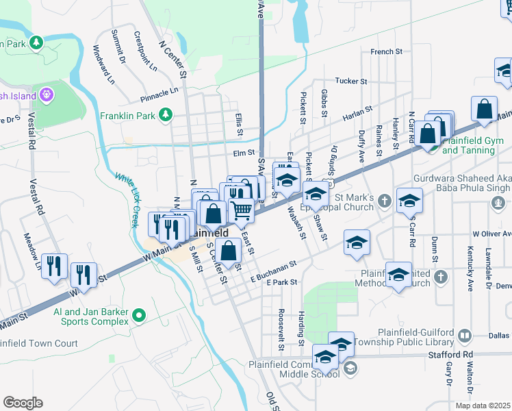 map of restaurants, bars, coffee shops, grocery stores, and more near 234 East Main Street in Plainfield