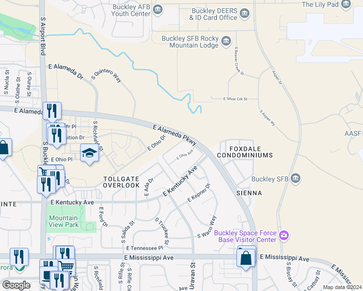 map of restaurants, bars, coffee shops, grocery stores, and more near 18083 East Ohio Avenue in Aurora