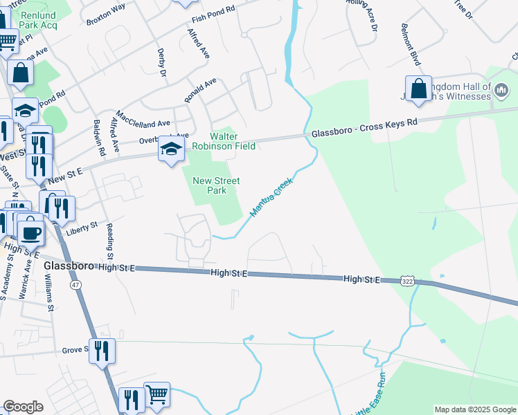 map of restaurants, bars, coffee shops, grocery stores, and more near 285 East High Street in Clayton