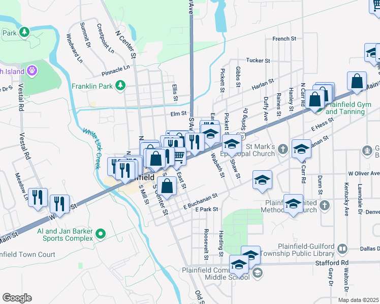 map of restaurants, bars, coffee shops, grocery stores, and more near 174 South Avon Avenue in Plainfield