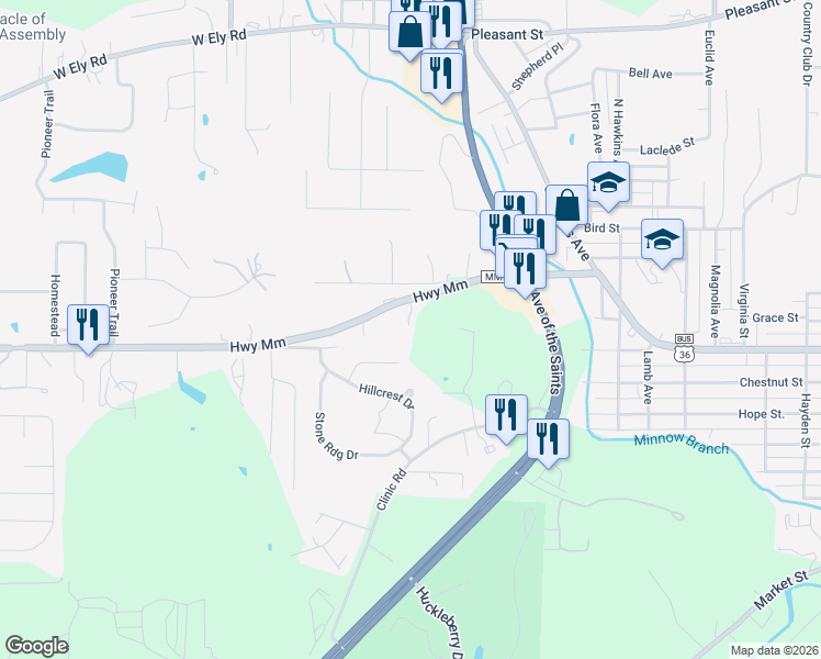 map of restaurants, bars, coffee shops, grocery stores, and more near 199 Stevens Drive in Hannibal