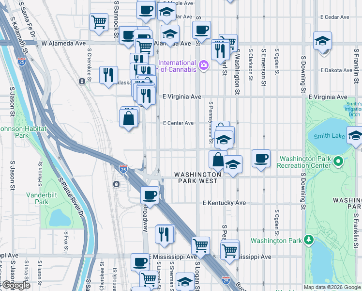 map of restaurants, bars, coffee shops, grocery stores, and more near 712 South Sherman Street in Denver