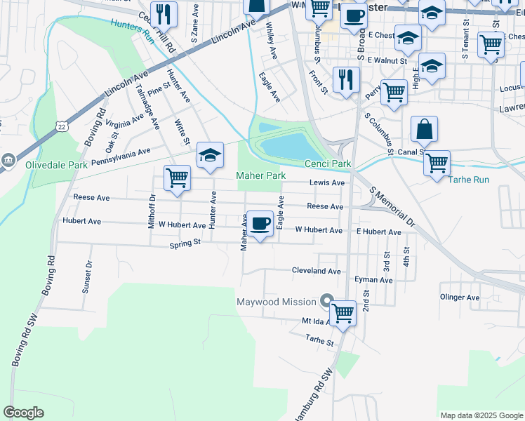 map of restaurants, bars, coffee shops, grocery stores, and more near 427 West Hubert Avenue in Lancaster