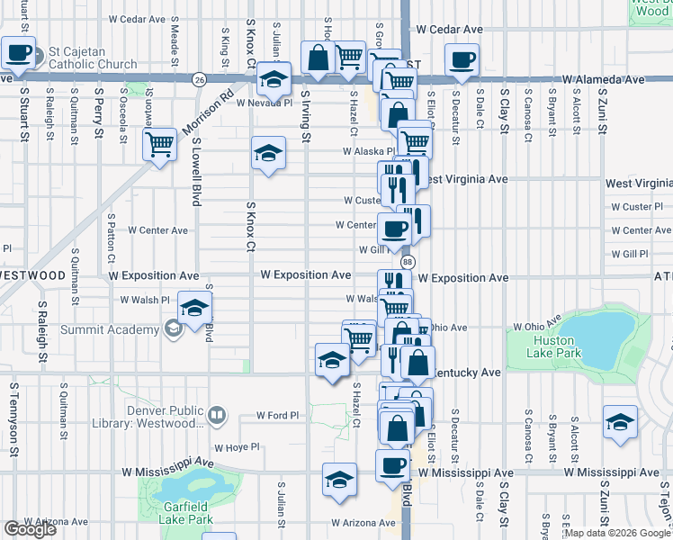 map of restaurants, bars, coffee shops, grocery stores, and more near 3191 West Exposition Avenue in Denver