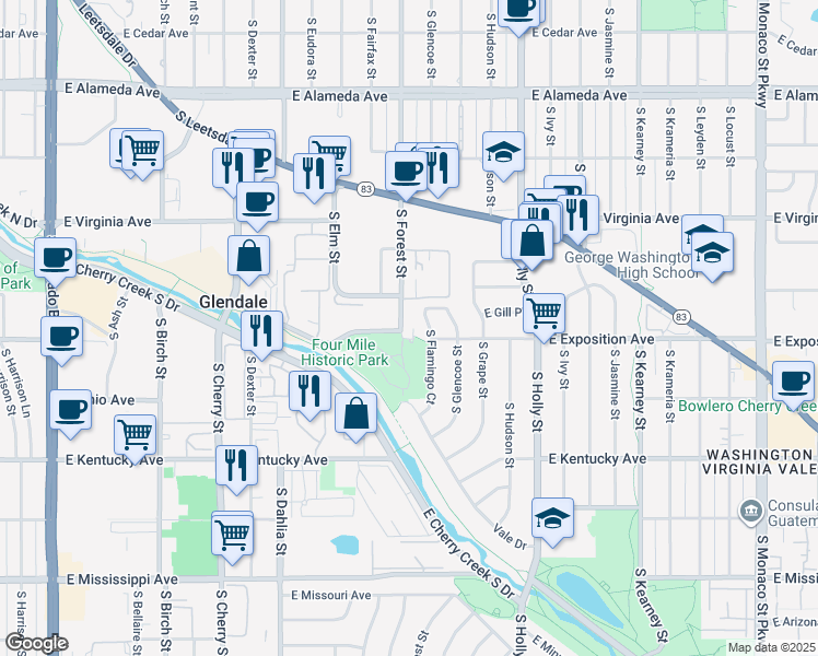 map of restaurants, bars, coffee shops, grocery stores, and more near 5205 South Forest Street in Glendale