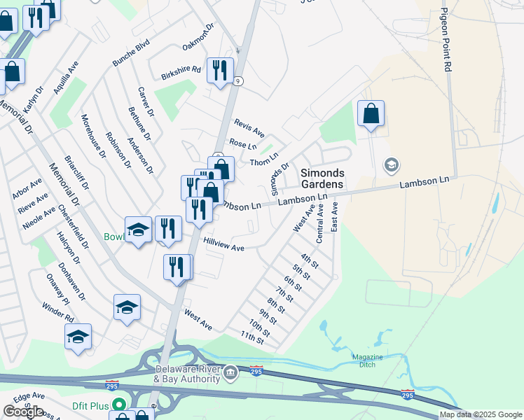 map of restaurants, bars, coffee shops, grocery stores, and more near 21 Lambson Lane in New Castle
