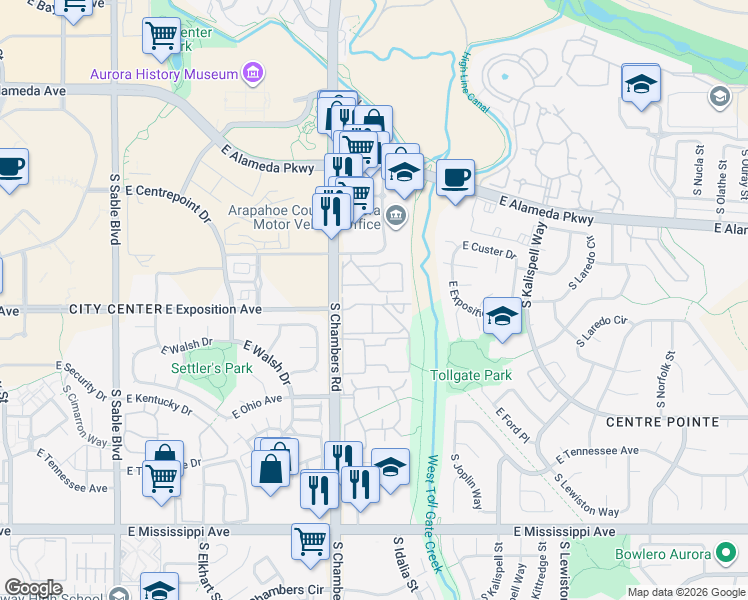 map of restaurants, bars, coffee shops, grocery stores, and more near 786 South Chambers Road in Aurora