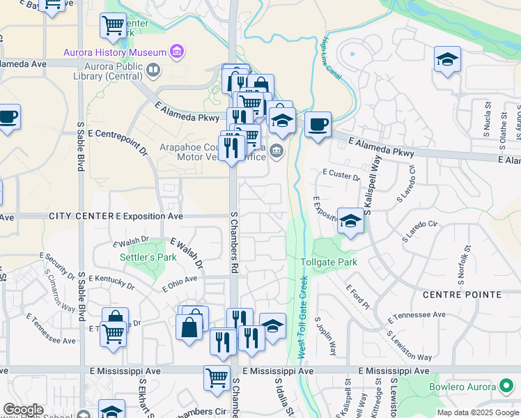 map of restaurants, bars, coffee shops, grocery stores, and more near 786 South Chambers Road in Aurora