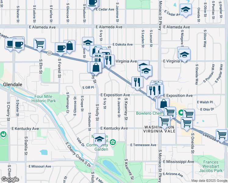 map of restaurants, bars, coffee shops, grocery stores, and more near 717 South Jasmine Street in Denver