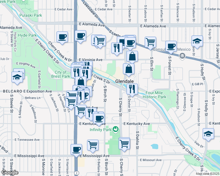 map of restaurants, bars, coffee shops, grocery stores, and more near 4500 Cherry Creek South Drive in Glendale