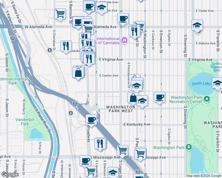 map of restaurants, bars, coffee shops, grocery stores, and more near 720 South Grant Street in Denver