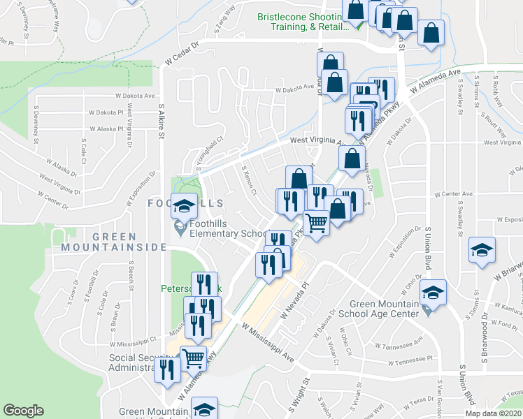 map of restaurants, bars, coffee shops, grocery stores, and more near 12791 West Alameda Parkway in Lakewood
