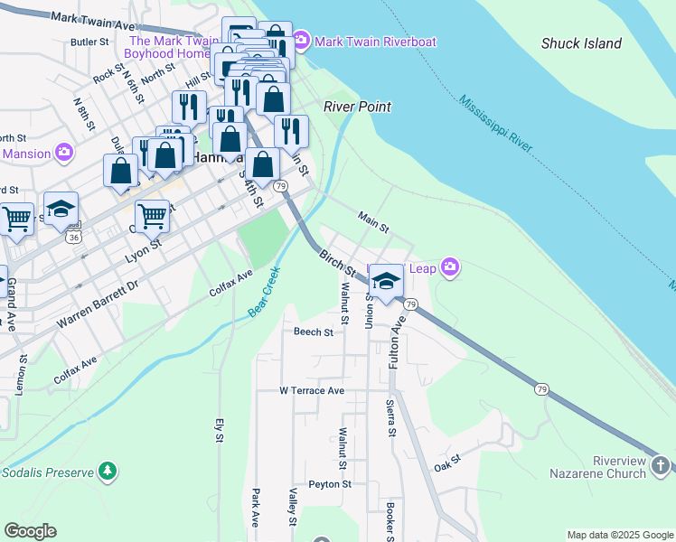 map of restaurants, bars, coffee shops, grocery stores, and more near 535 Walnut Street in Hannibal