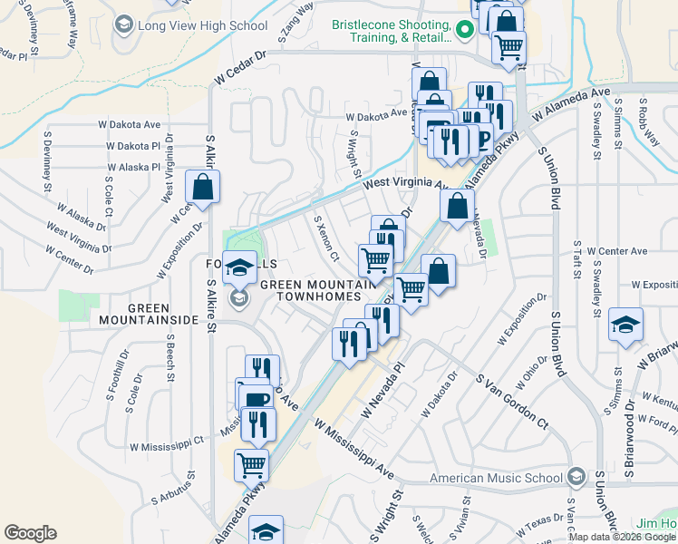 map of restaurants, bars, coffee shops, grocery stores, and more near 12791 West Alameda Parkway in Lakewood