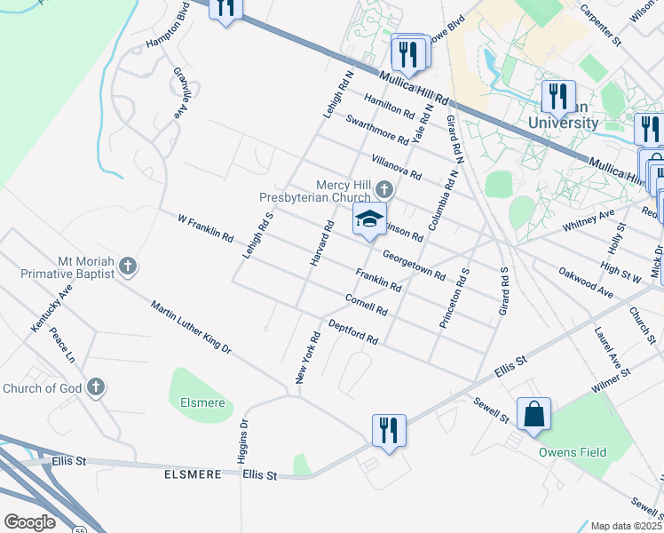 map of restaurants, bars, coffee shops, grocery stores, and more near 316 Franklin Road in Glassboro