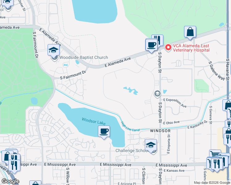 map of restaurants, bars, coffee shops, grocery stores, and more near 650 South Alton Way in Denver