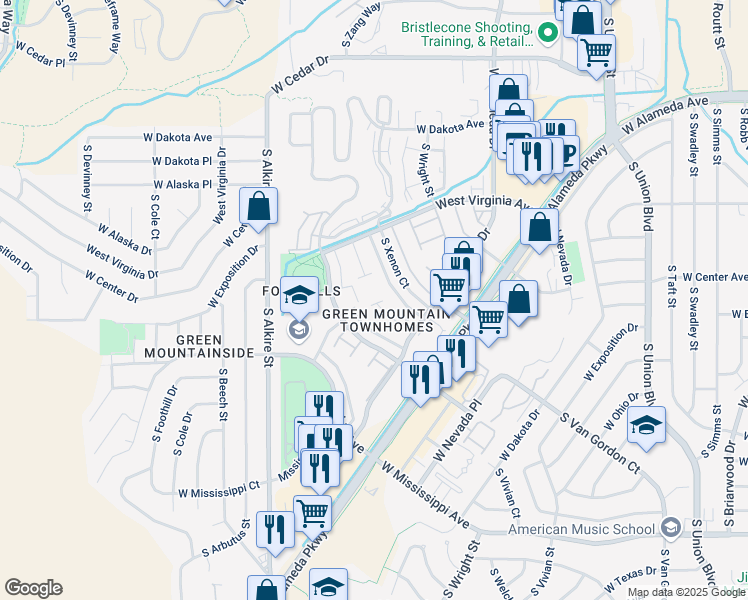 map of restaurants, bars, coffee shops, grocery stores, and more near 676 South Youngfield Court in Lakewood