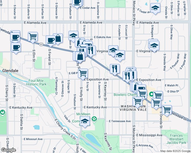 map of restaurants, bars, coffee shops, grocery stores, and more near 717 South Jasmine Street in Denver