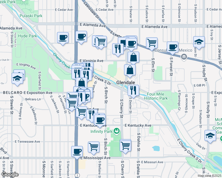 map of restaurants, bars, coffee shops, grocery stores, and more near 4500 Cherry Creek South Drive in Denver