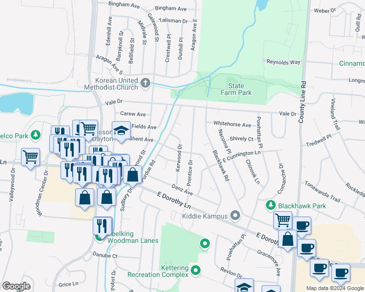 map of restaurants, bars, coffee shops, grocery stores, and more near 2896 Kerwood Drive in Dayton