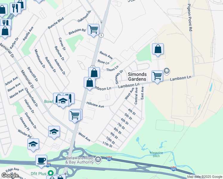 map of restaurants, bars, coffee shops, grocery stores, and more near 21 Lambson Lane in New Castle
