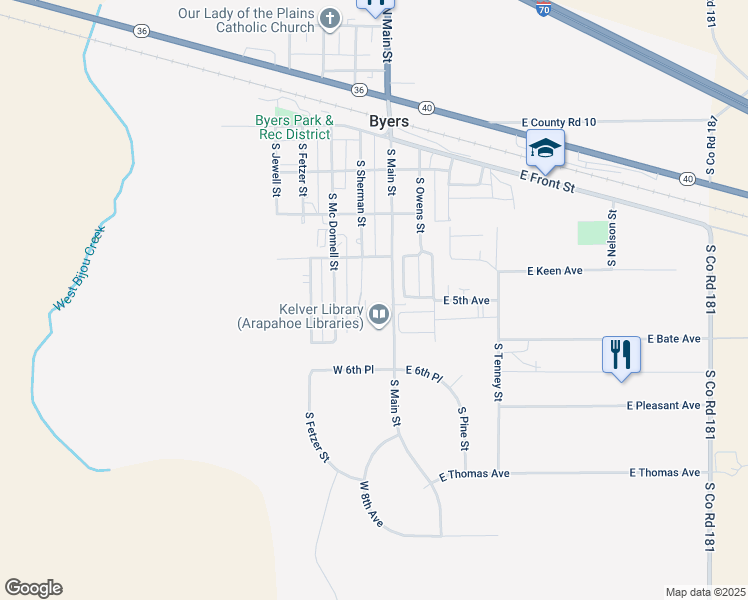 map of restaurants, bars, coffee shops, grocery stores, and more near 421 South Sherman Street in Byers