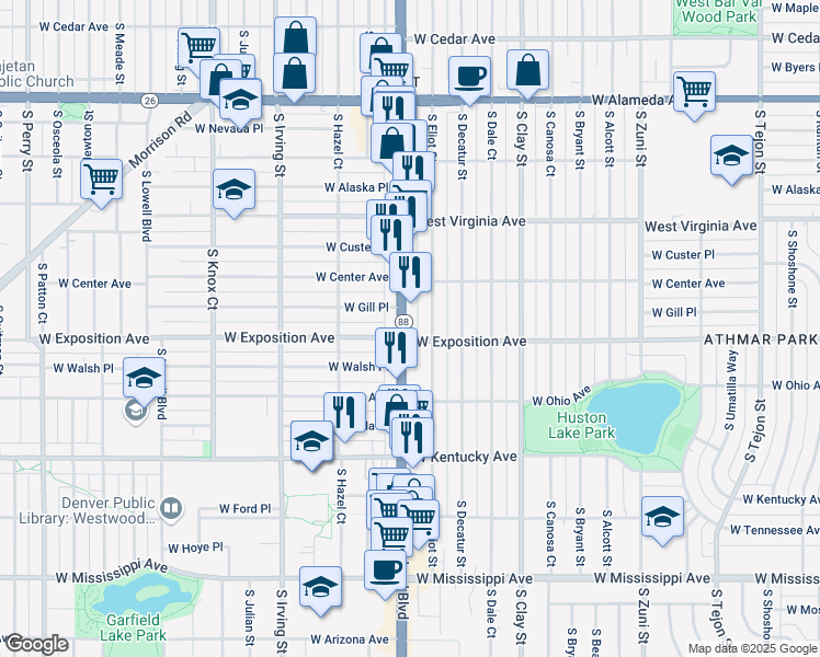 map of restaurants, bars, coffee shops, grocery stores, and more near 3003 West Gill Place in Denver