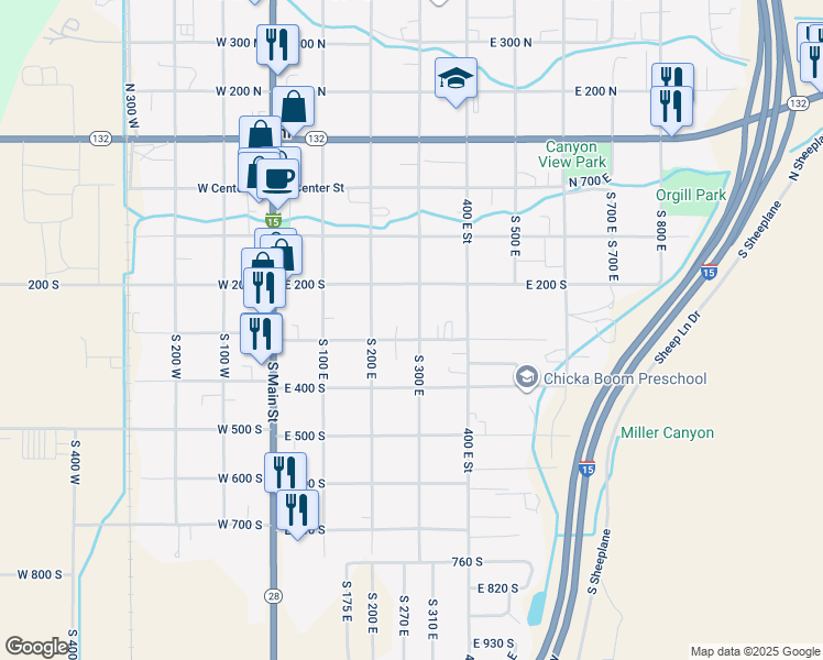 map of restaurants, bars, coffee shops, grocery stores, and more near 270 South 300 East in Nephi