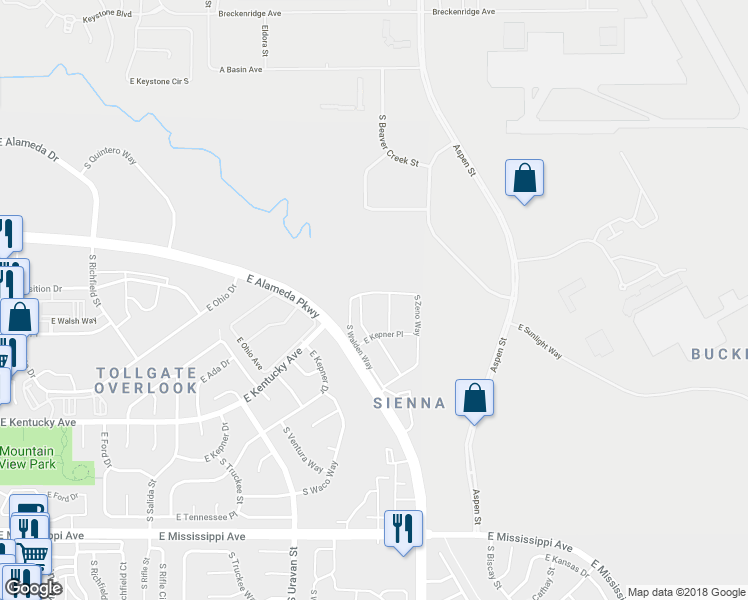 map of restaurants, bars, coffee shops, grocery stores, and more near 900 South Walden Way in Aurora