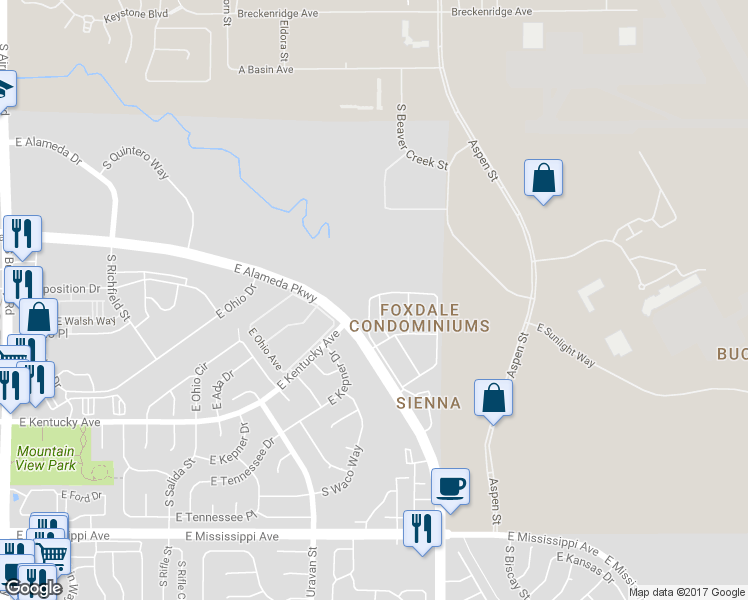 map of restaurants, bars, coffee shops, grocery stores, and more near 900 South Walden Way in Aurora