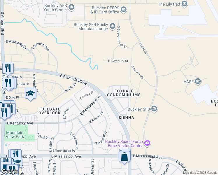 map of restaurants, bars, coffee shops, grocery stores, and more near 900 South Walden Way in Aurora