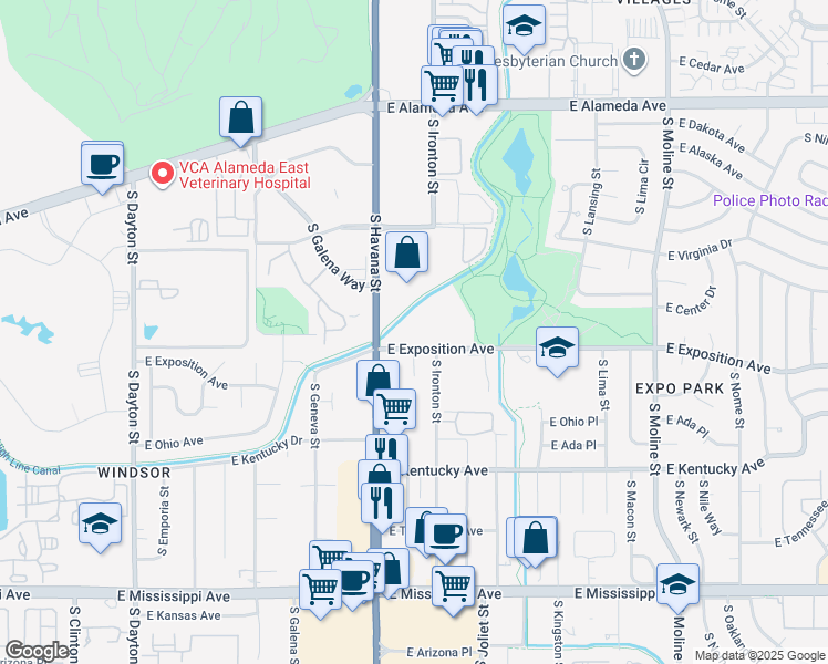 map of restaurants, bars, coffee shops, grocery stores, and more near 658 South Havana Street in Aurora