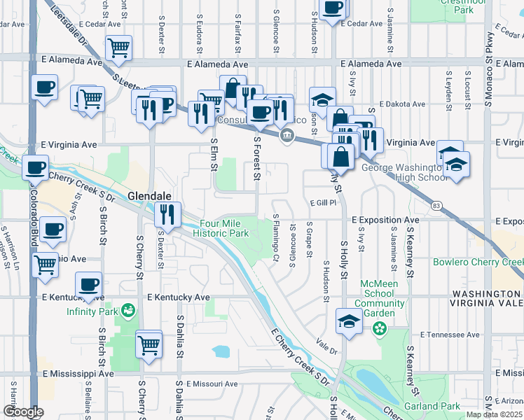 map of restaurants, bars, coffee shops, grocery stores, and more near 540 South Forest Street in Denver