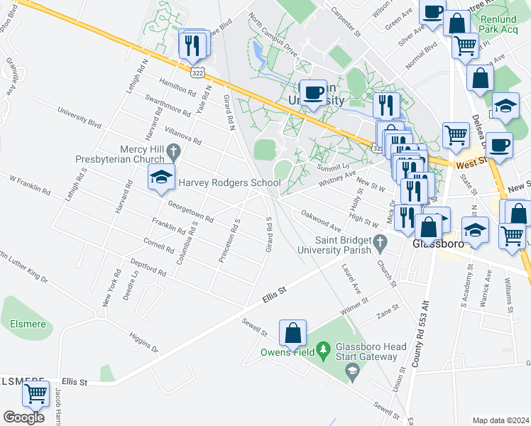 map of restaurants, bars, coffee shops, grocery stores, and more near 6 Pennsylvania Road in Glassboro