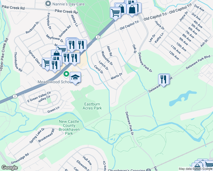 map of restaurants, bars, coffee shops, grocery stores, and more near 2000 Carol Drive in Wilmington