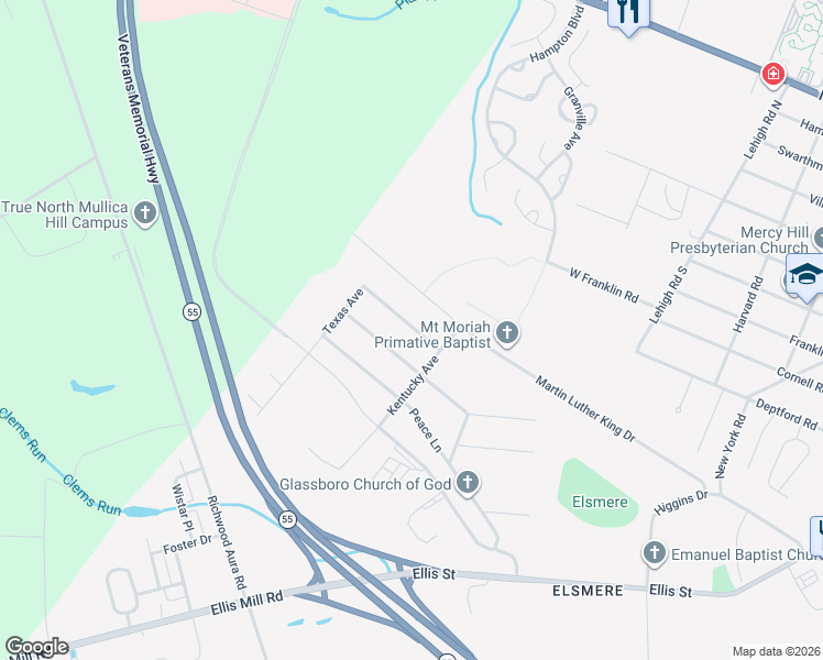 map of restaurants, bars, coffee shops, grocery stores, and more near 401 Honeymoon Road in Glassboro
