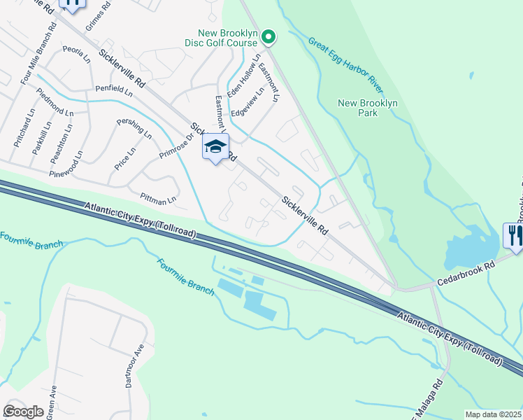 map of restaurants, bars, coffee shops, grocery stores, and more near 32 Milstone Court in Sicklerville
