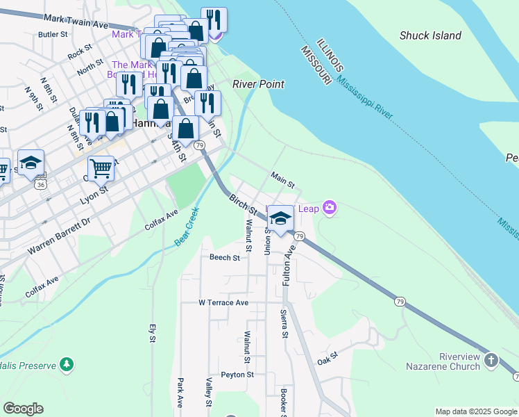 map of restaurants, bars, coffee shops, grocery stores, and more near 719 Sycamore Street in Hannibal