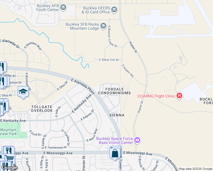 map of restaurants, bars, coffee shops, grocery stores, and more near 900 South Walden Way in Aurora