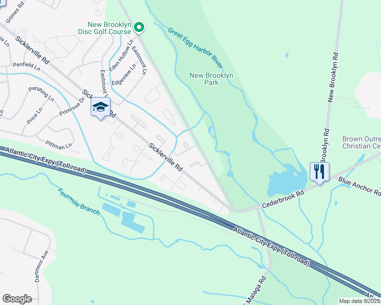 map of restaurants, bars, coffee shops, grocery stores, and more near 221 Villa Knoll Court in Sicklerville
