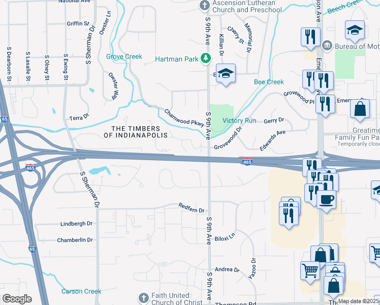 map of restaurants, bars, coffee shops, grocery stores, and more near 1023 Evening Shade Circle in Beech Grove