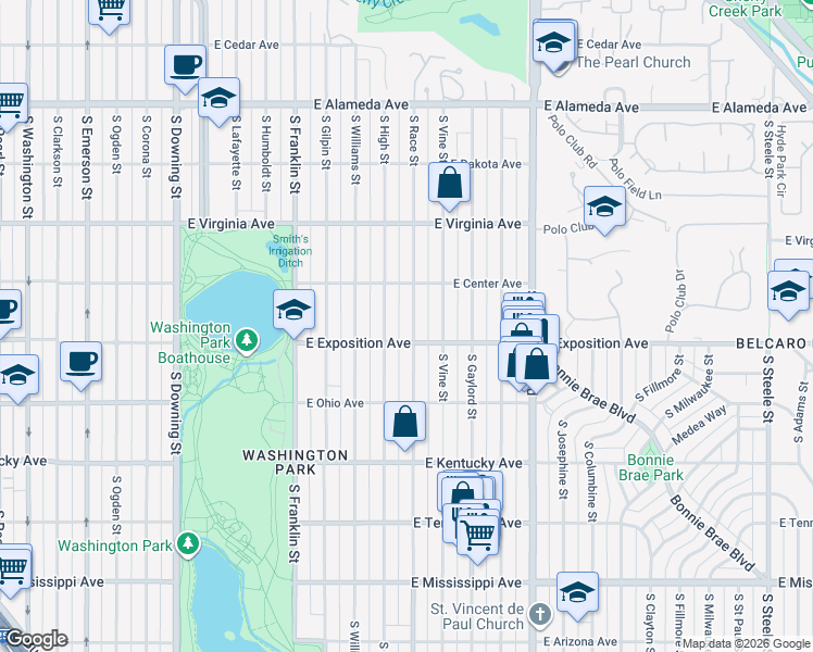 map of restaurants, bars, coffee shops, grocery stores, and more near 634 South Race Street in Denver
