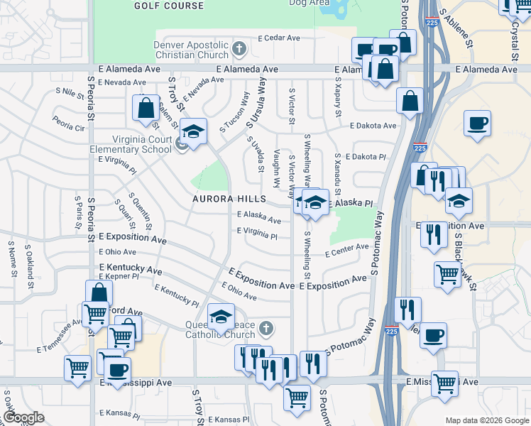 map of restaurants, bars, coffee shops, grocery stores, and more near 13131 East Alaska Place in Aurora